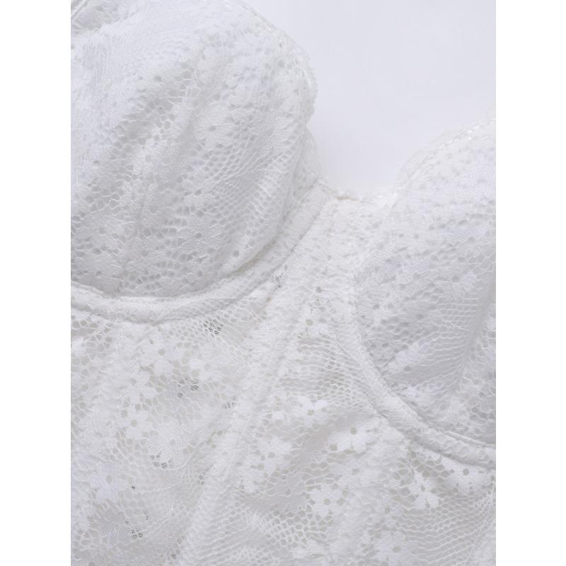 Spitzen-Schleifenband Korsett-Oberteil durchsichtiges Netz Bustier Crop-Top mit Stäbchen für Damen