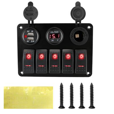 5-fach LED-Wippschalter-Panel für Marine, Wohnmobil, Fahrzeuge, LKW mit Sicherung, 12/24 V Steckdose, Dual-USB-Steckplatz, digitale Spannung