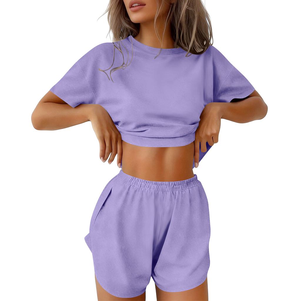 Damen-Pyjama-Set Kurzarm Gestreift Bedruckt Zweiteilig Loungewear Nacken-Pyjama Split-Shorts-Set Weiche Nachtwäsche