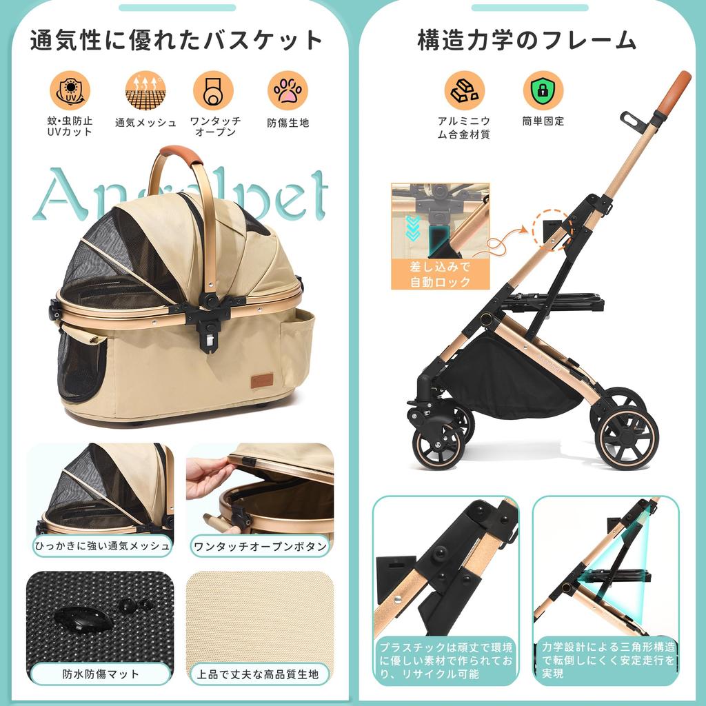 Angelpet Haustier Getrennter Typ Katze und Hund 4 Vorderrad Vorder- und Hinterrad Einfache Ladekapazität Mehrere Kleine Mittlere Getrennter Typ Hundewagen mit Wagen