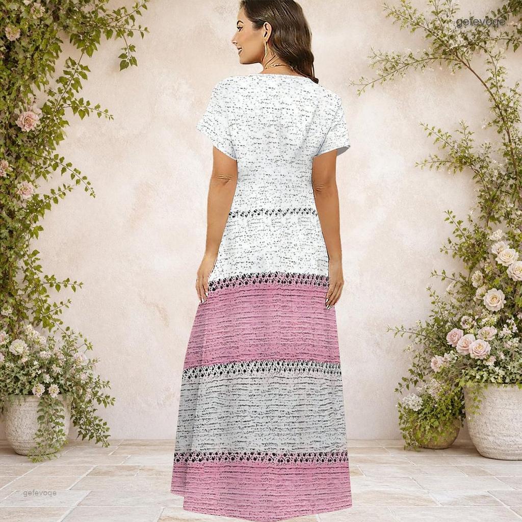 Women Plus Size V Neck Short Sleeve Printed Pink White Long Straight Dress