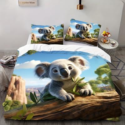 Koala Bettwäsche-Set 2/3-teilig Digitaldruck 3D-Muster Weicher Hautfreundlicher Polyesterbezug, Bettbezug mit Kissenbezügen, Tiermotiv