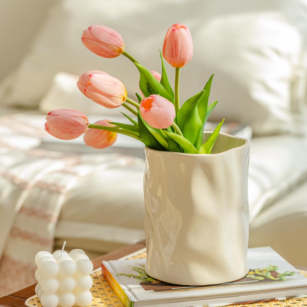 Cream Wind Ceramic Vase Ornaments Living Room Flower Arrangement Dried Flowers Large Diameter Luxury High Sense Irregular Vase