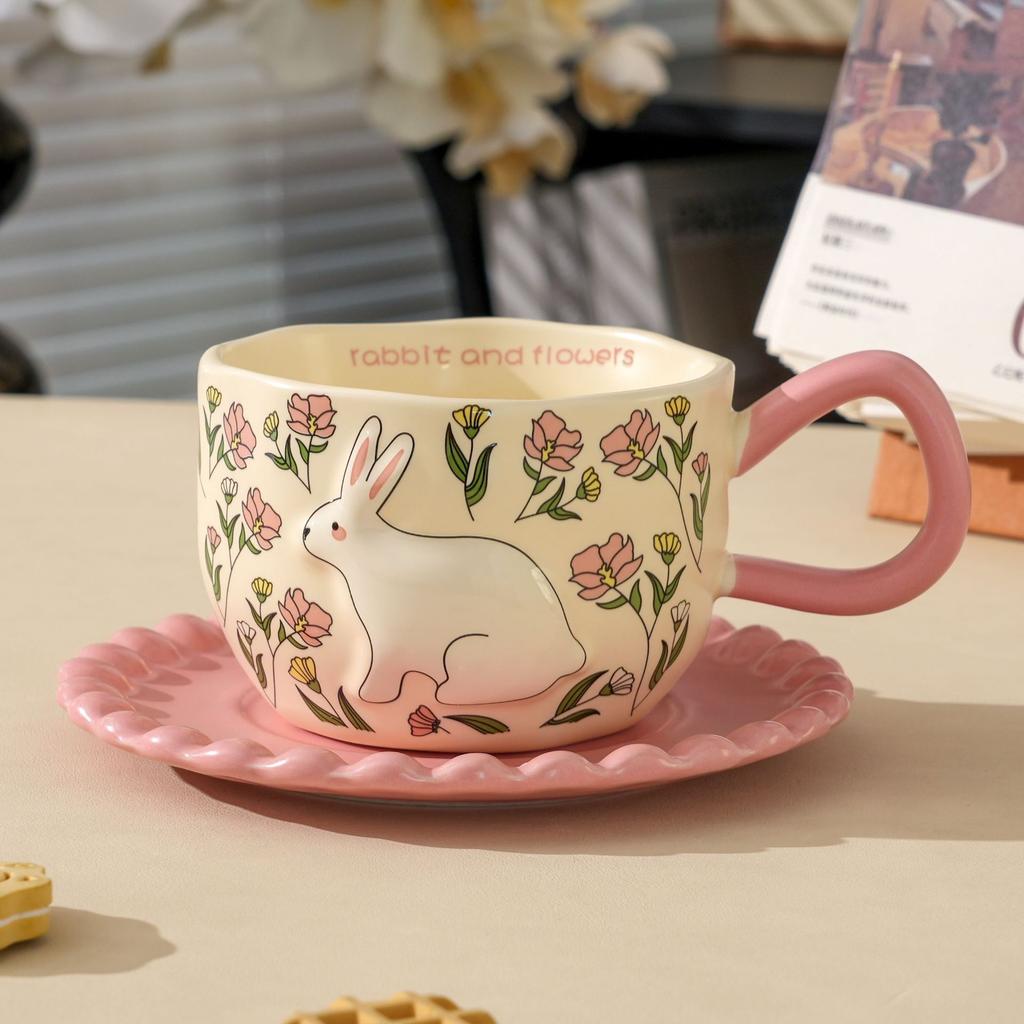 Creative flower rabbit coffee cup and saucer set high value gift mug design sense niche household ceramic cup