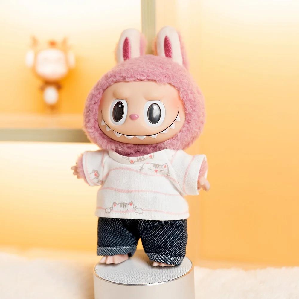 17cm Cute Mini Plush Doll's Clothes Outfit Accessories For Labubu Idol Dolls Striped T-shirt And Rolled Jeans Two-piece Set Gift