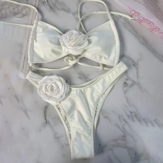 2 sztuk/zestaw damskie bikini z odsłoniętymi ramionami sznurowane sztuczny kwiat wystrój dopasowany kolorystycznie patchwork miękki odpinany
