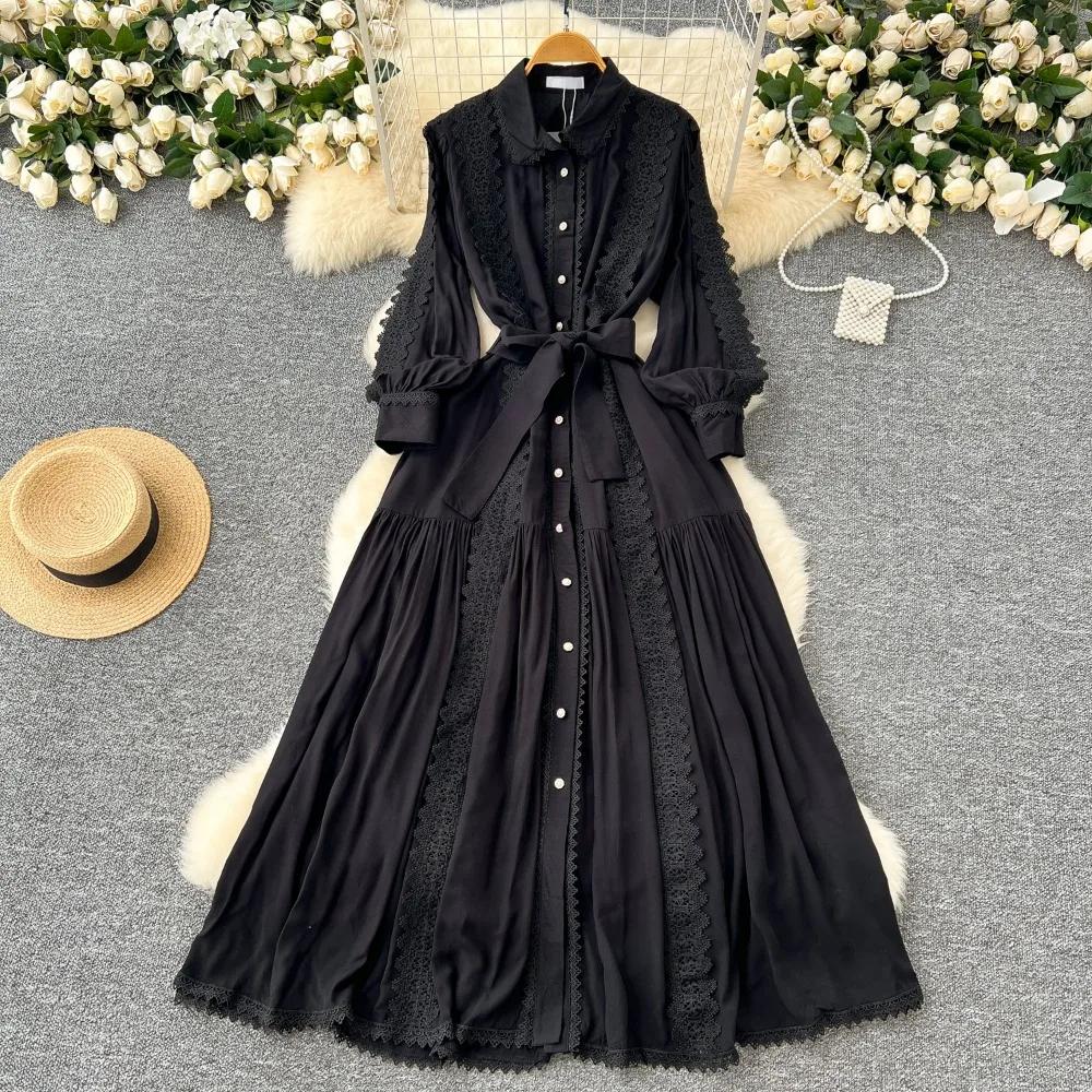 

Винтажный женский халат с отложным воротником, платьем с рукавами-фонариками, кружевной повязкой, бантом, облегающего кроя, с большим подолом, макси-платья, элегантный vestido femme One Size чёрный