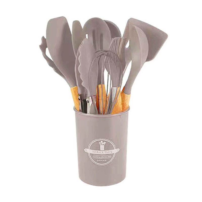 Wooden Handle Silicone Kitchenware Healthy Cookware Spatula Soup Spoon Brush Ladle Pasta Colander Non-stick Cookware Kitchen Tools