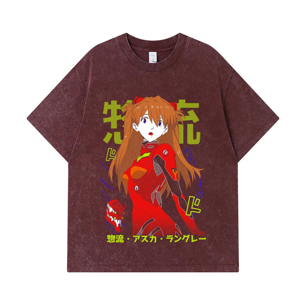 275 GSM Washed T-shirts 100% Cotton Evangelion V10 Asuka Print Unisex Heavy Cotton T Shirt