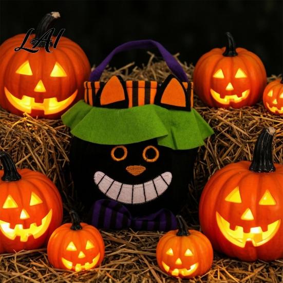 Kids Party Gift Sacks Halloween Candy Bags for Kids Trick or Treat Handbag with Handle Spooky Reusable Cloth Goodie Witch Ghost Black Cat