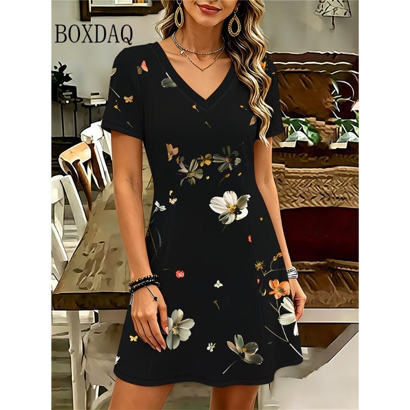New Casual Flowers Printing Short Sleeve Dress Women's Fashion Plus Size Summer Retro Women's V-Neck Loose Dress
