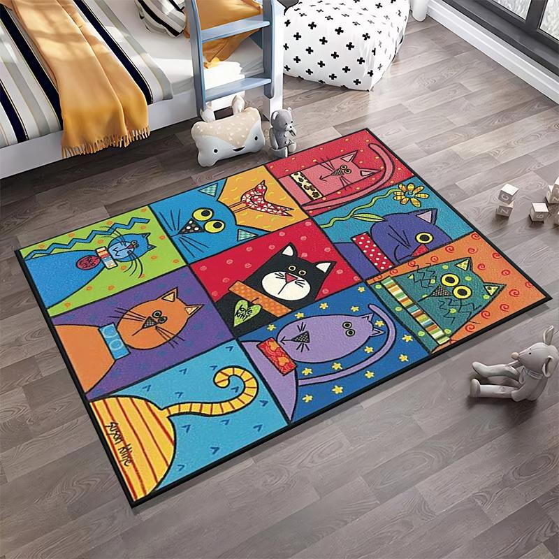 Colorful Artistic Carpet Featuring Whimsical Cats In Vibrant Abstract Patterns Suitable for Use As an Anti-slip for Room and Bedroom Sofas