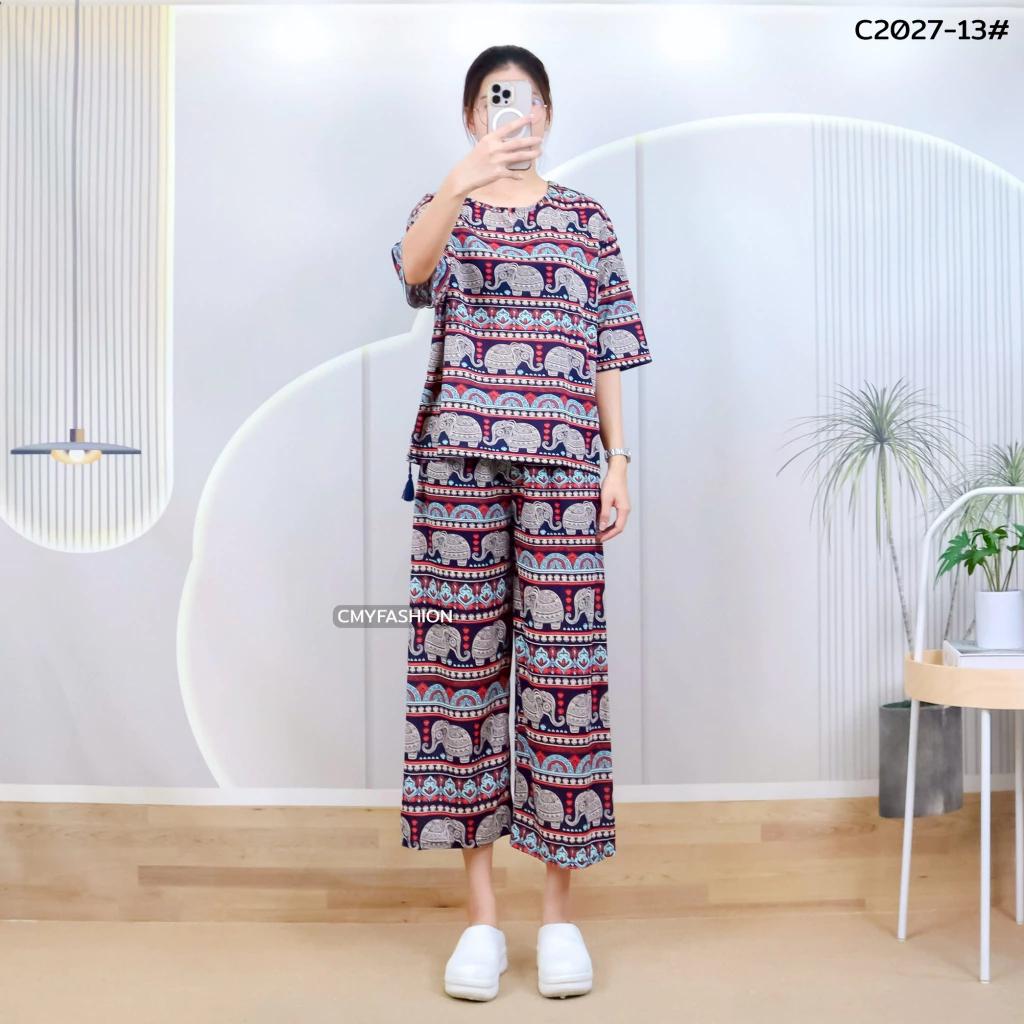 Słoń Spodnie Szorty Koszula Zestaw Okrągły Dekolt Krótki Rękaw Regulowany Elastyczny Pasek Pasek Kobiety Nadruk Casual Plaża Boho Bohemski Retro Vintage