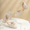 2024 Spring Women High Heels Mary Jane Pumps Party Wedding White Pink Beige String Bead Bow Princess Cosplay Lolita Shoes 36-40