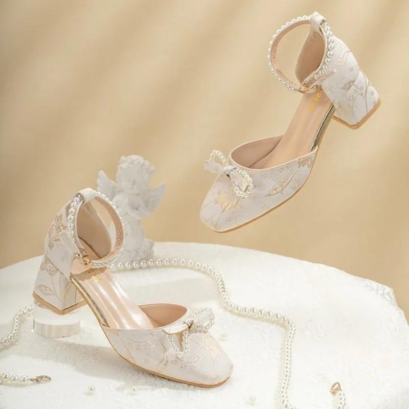 2024 Spring Women High Heels Mary Jane Pumps Party Wedding White Pink Beige String Bead Bow Princess Cosplay Lolita Shoes 36-40