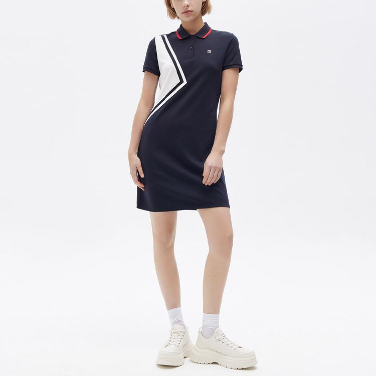 FILA Letter Brand Logo Color Block Fashion Sports Casual Breathable Polo Dress Women Dresses Legendary-Blue F11W121324FNV