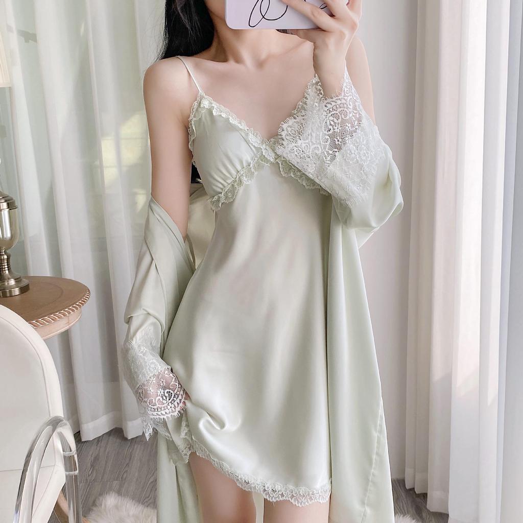 Ice Silk Lace Camisole Dress & Robe Set - Luxury Nightwear for Women