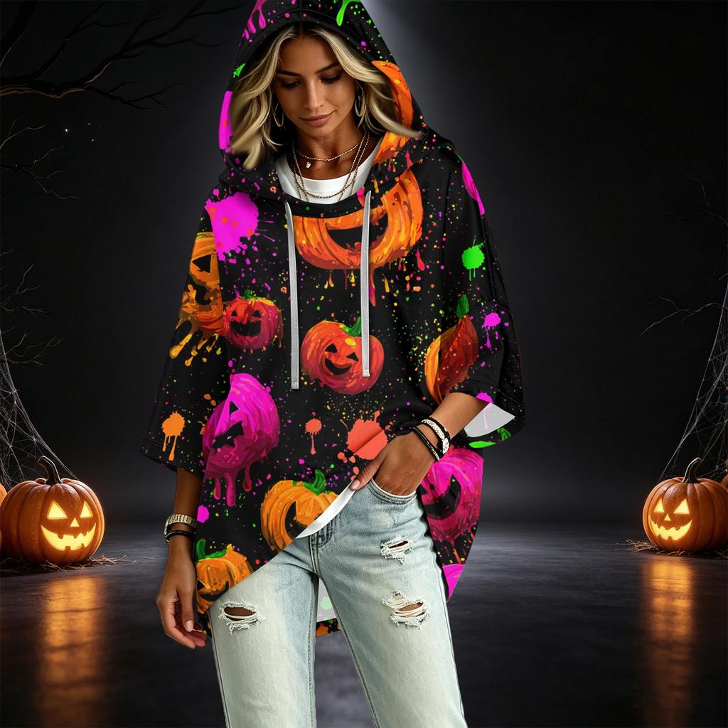Women's Halloween Print Hooded Pullover Top with 3/4 Sleeves