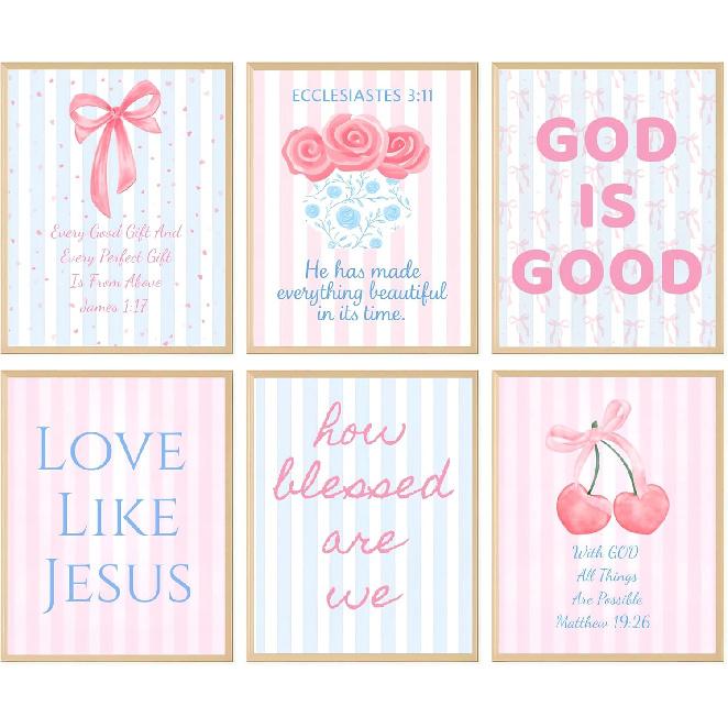 Coquette Pink & Blue Bow Wall Art Decor Posters - Blue & Pink Bow Christian Room Bedroom Bathroom Dorm Wall Art - Christian pirational Bible Verses -