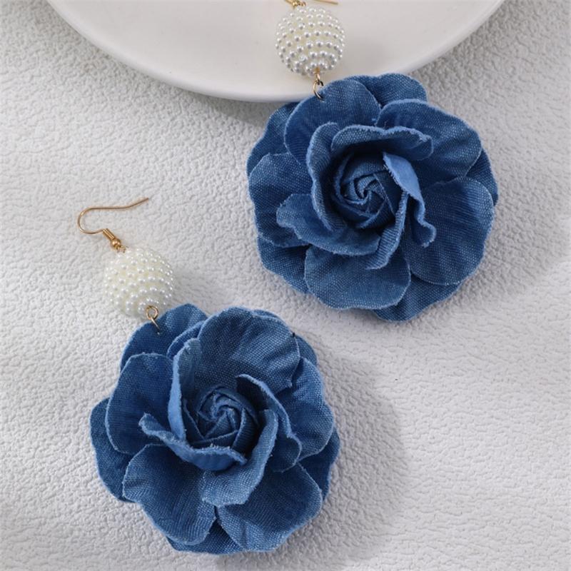 Floral Drop Earrings Lightweight Camellia Earrings Allergy Free Blue Flower Ear Pendants Handmade Denims Ornament