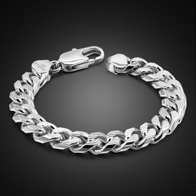 Fashion Men 100% 925 Sterling Silver Bracelet Solid Silver 10mm 20cm  Curb Cuban Link Chain Bracelet Boy Jewelry