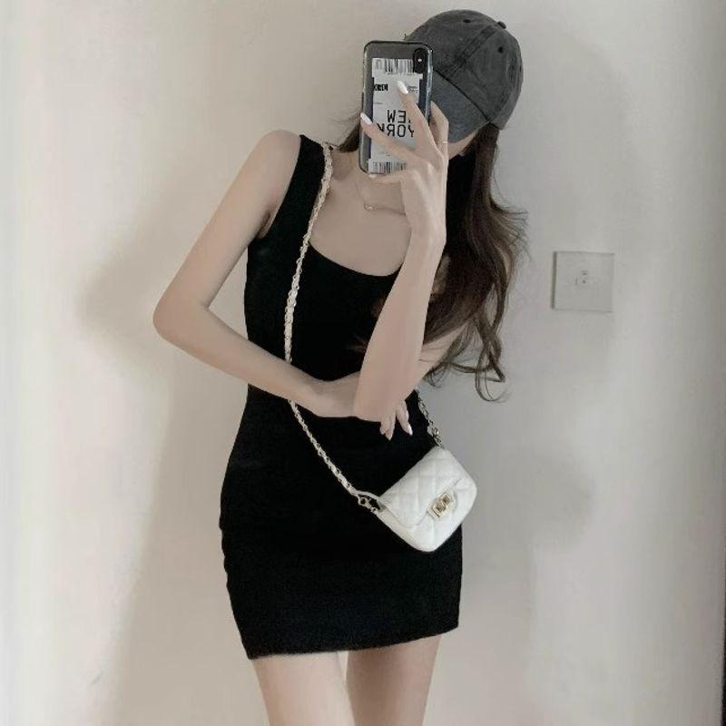 

Fashion Sexy Low Collar Open Back Hip Skirt Women s Summer Sexy Sleeveless Bottoming Suspender Skirt Nipped-Waist Vest Dress Tide Black (vest) XL