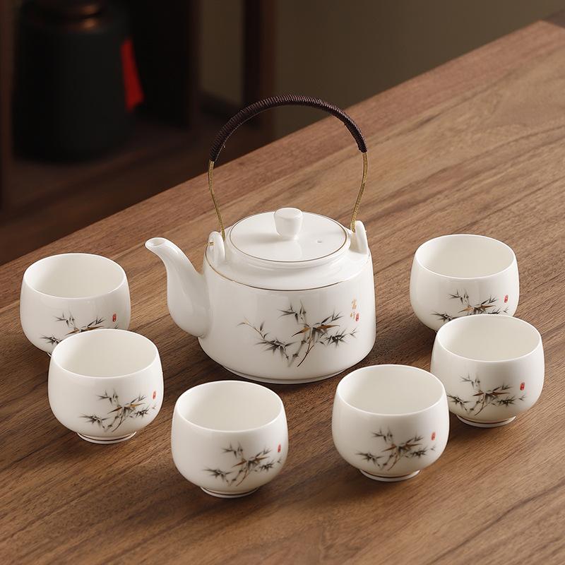 Jade Porcelain Tea Set Chinese Kung Fu Tea Pot Ceramic Tea Cup White Porcelain Set Household Large Capacity Handle Pot