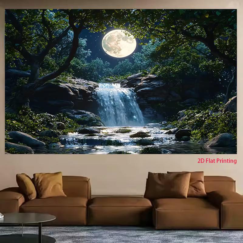 2D Moonlight Forest Waterfall Tapestry Night Nature Landscape Wall Art 47.2x31.5inch/120*80cm