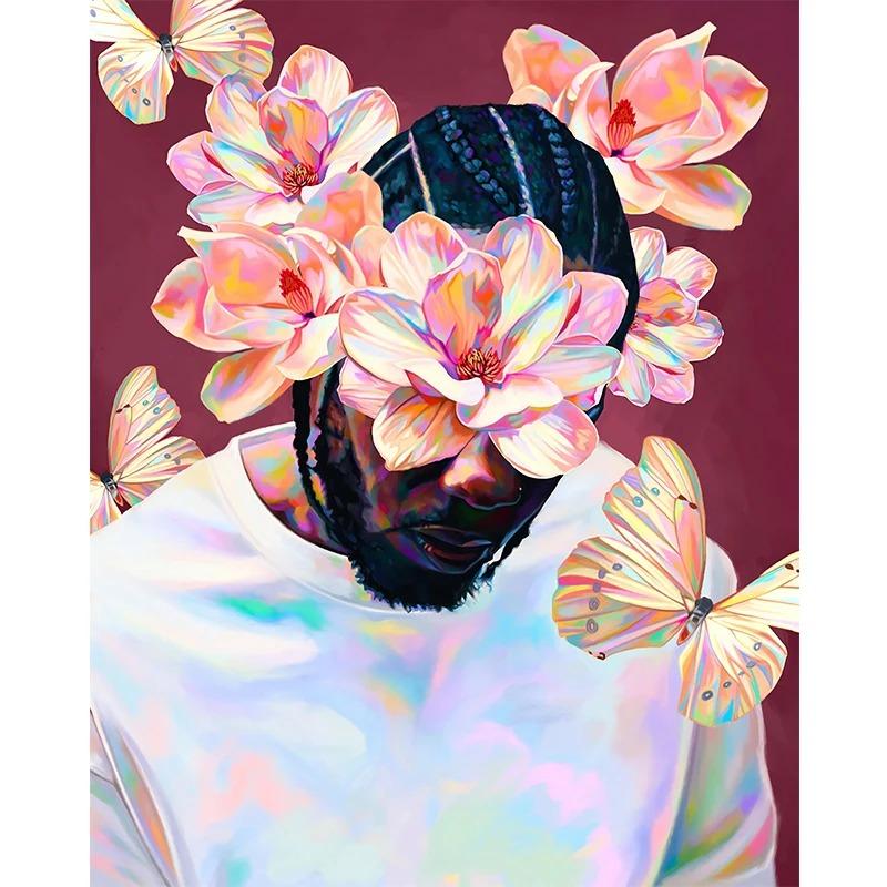 Famous Rapper Star Portrait with Flowers Canvas Painting Hip Hop Singers Abstract Art Posters Prints Wall Art Picture Home Decor