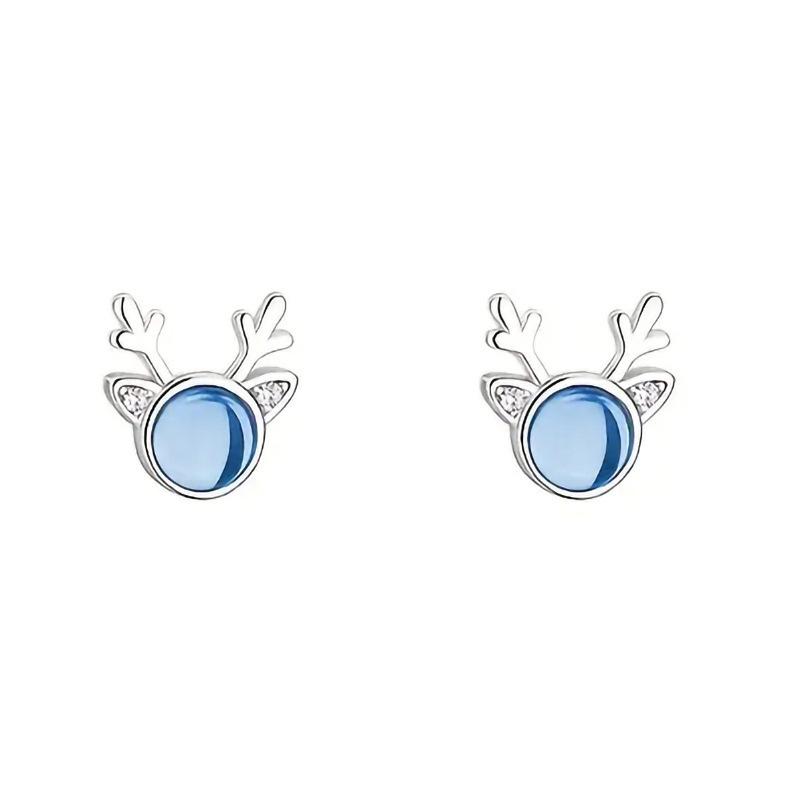Silver Plated Blue Crystal Reindeer Stud Earrings, Cute Antler Animal Earrings for Women