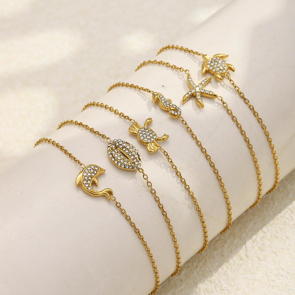 Stainless Steel Sea Turtle Starfish Seahorse Pendant Gold Color Chain Bracelet for Women Luxury Rhinestone Summer Ocean Jewelry