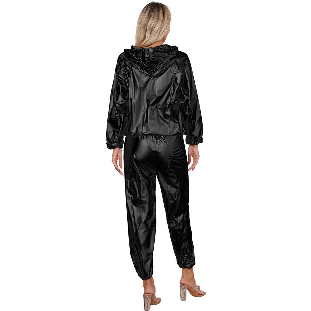 Unisex PVC Sports Suit Long Sleeve Zipper Hooded Top Elastic Waistband Pants Fitness Workout Outfits