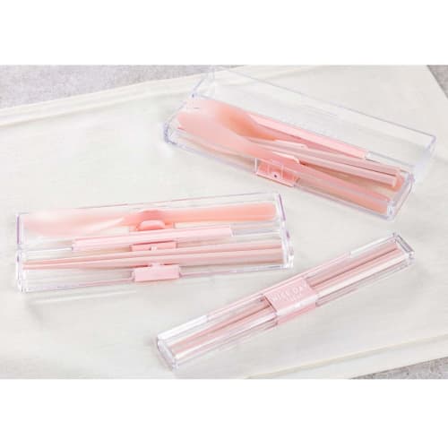 Iwasaki Kogyo H-610 PI Chopsticks, Spoon, and Fork Trio Set In a Heavy-Duty Case, Pink, with Antibacterial and Stain-Resistant Coatings, Dishwasher Sa