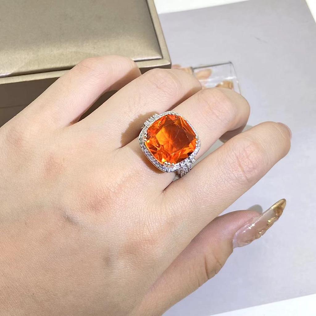 Square Large Orange Gem Ring Bohemian Style Wedding Ring For Women Micro-inlaid Zircon Ring Party Jewelry Engagement Ring