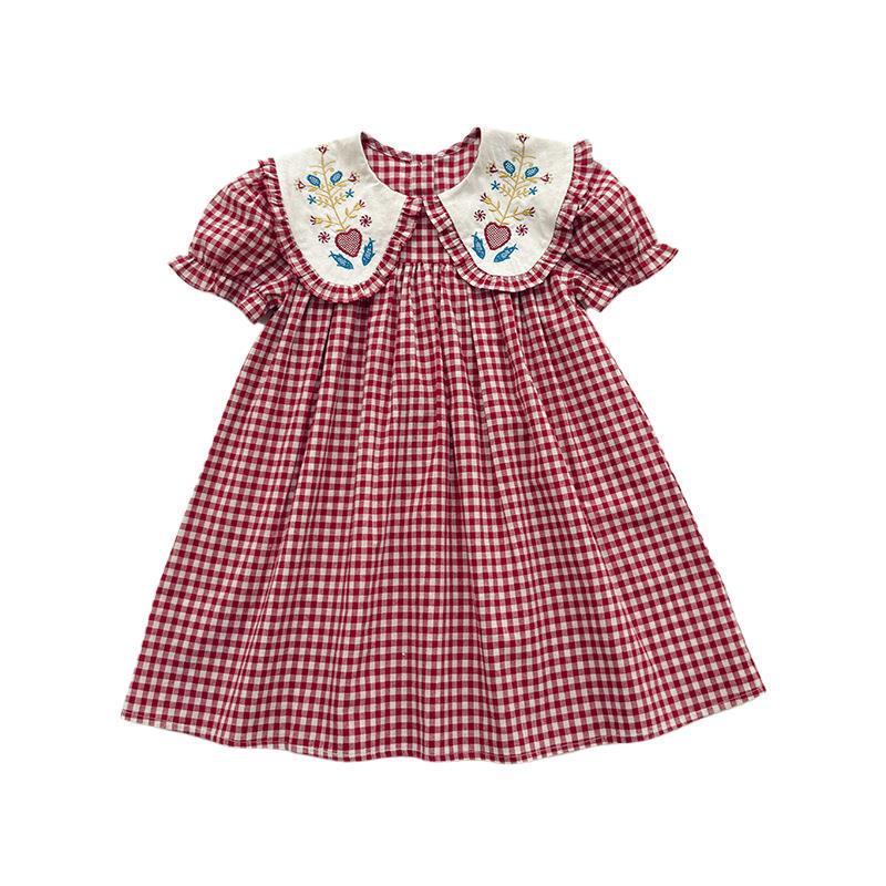 French Doll Collar Floral Embroidery Girls' Dress, Red Plaid, Short Sleeve, Sweet Summer Style