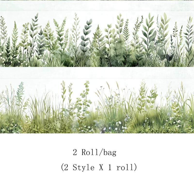 2 Roll PET Tape Green Notebook Flowers Landscape Series Primer Scrapbook Hand Account Stickers Decorative Gift Packaging Tape