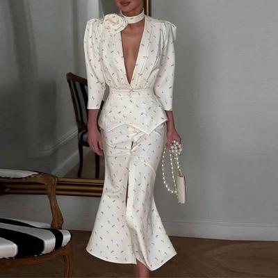 2026 Womens Elegant Office-Ready Long Sleeve V-Neck Printed Midi Dress Set Casual Workwear Outfit