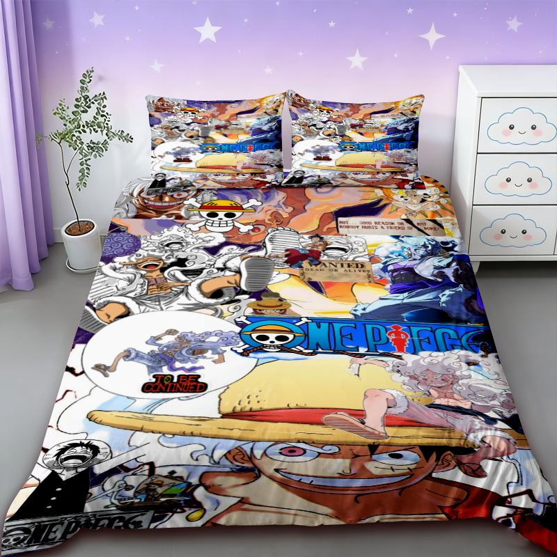 Duvet Cover One Piece Kids Cartoon Luffy Bedding Set with 2 Pillowcases Soft and Cozy Bedroom Bed Decor Teens Boys Gifts