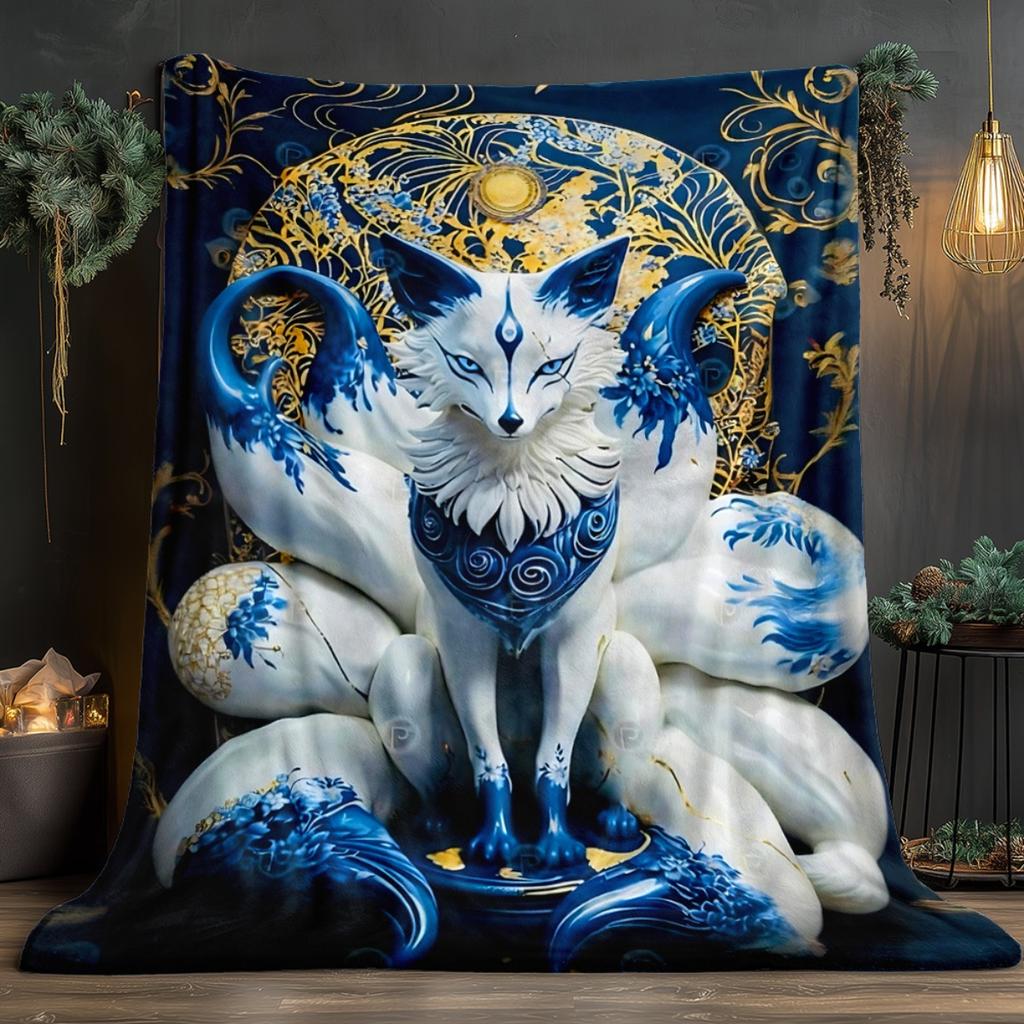 Korean Nine-Tailed Fox Blanket, Mythical Gumiho Flannel Throw, Blue Tail Design Anime Style, All Season Soft for Home Decor