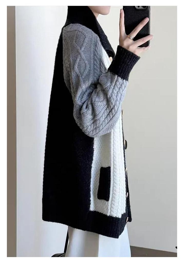 Women's Retro Hong Kong Style Mid-Length Cable Knit Wool Cardigan with Round Neck