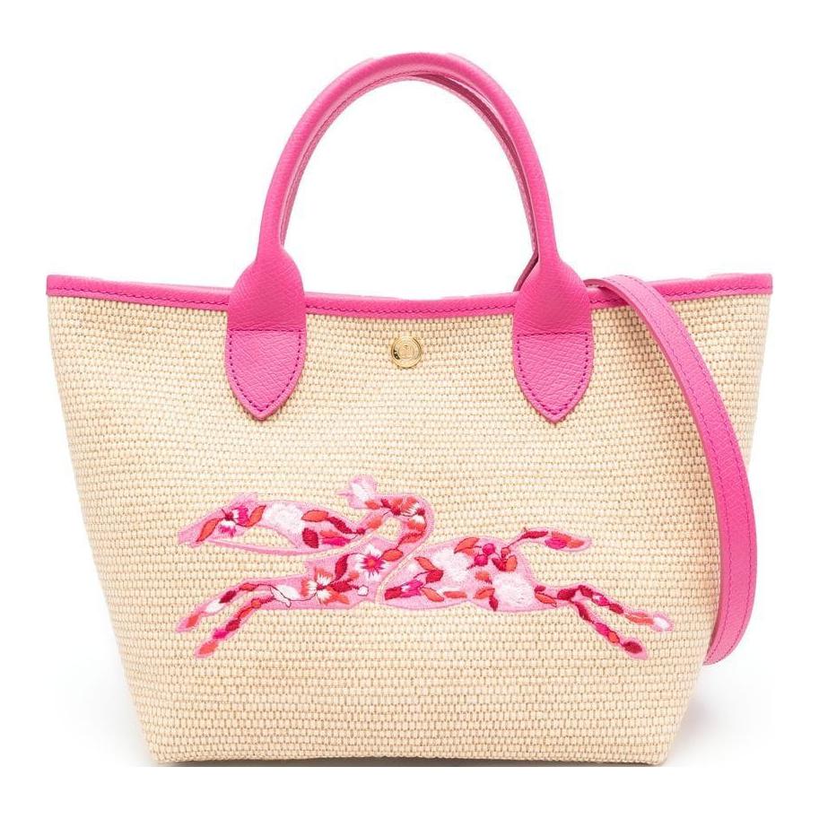 Longchamp Women's Pink Le Pliage 21 Embroidered Snap Closure Straw Canvas Tote Bag Tote Bags 10144Hce319