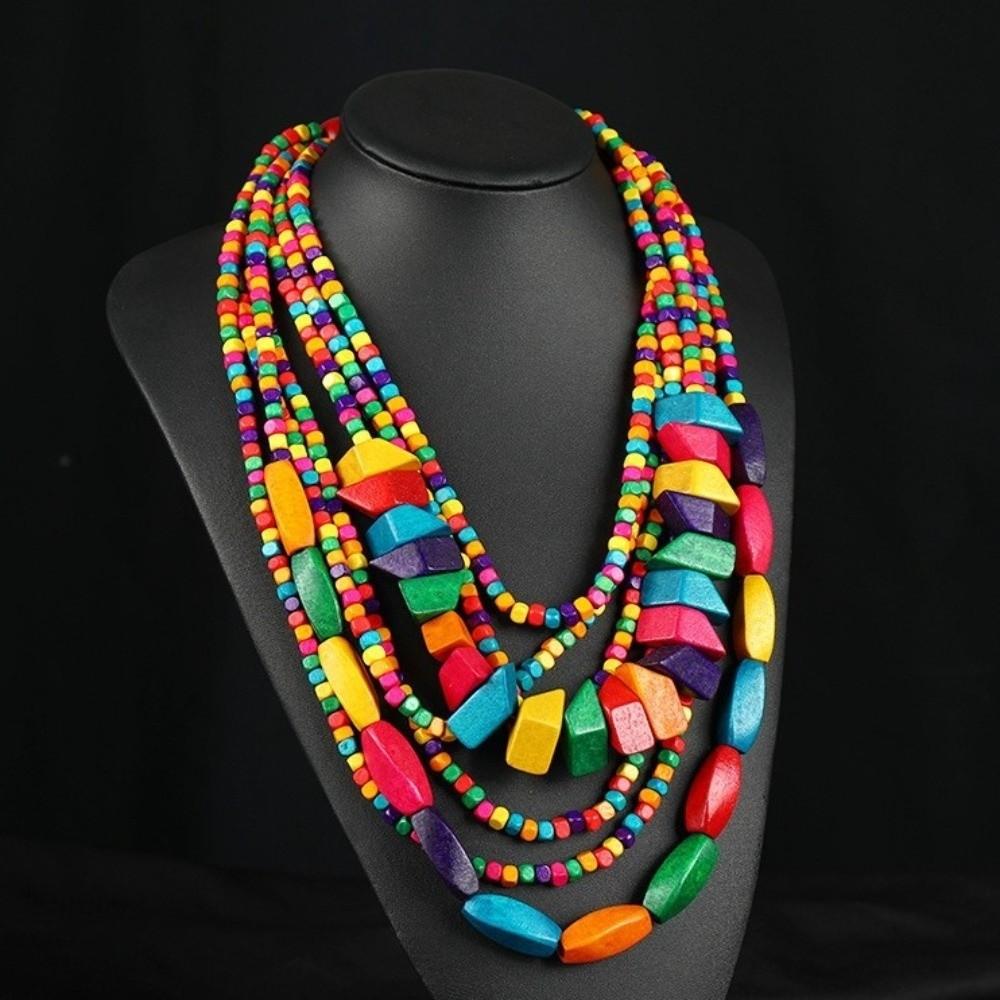Multi-Layer Wooden Beaded Necklace Colorful Irregular Bohemian Party Jewelry for Women