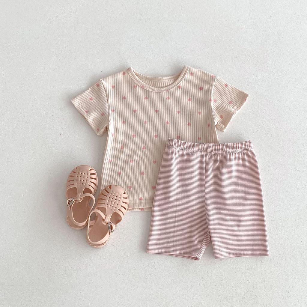 Short-Sleeve Heart T-Shirt & Striped Shorts Set