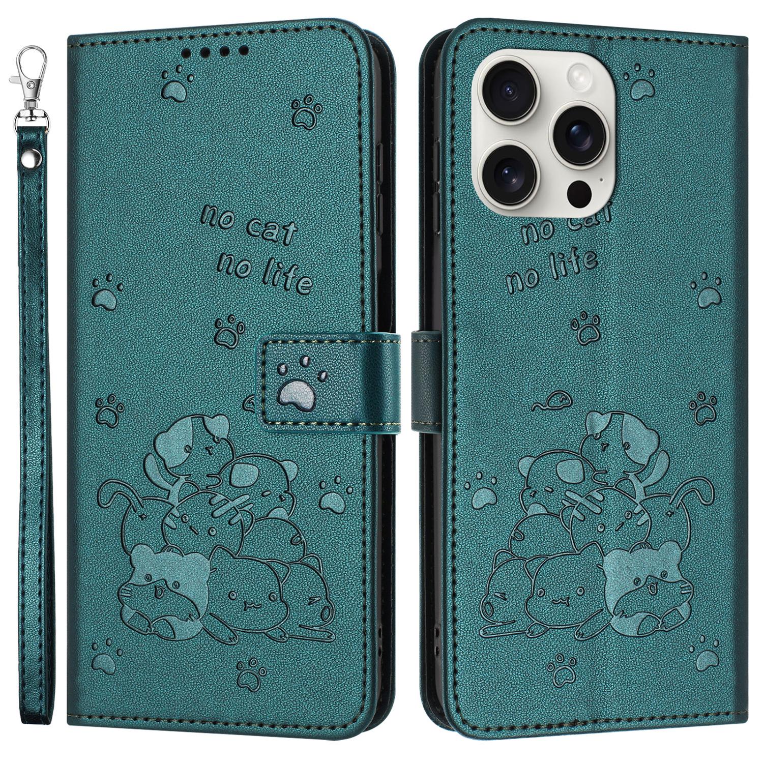 For iPhone 16 Pro Case with Strap Cats Imprint Leather Wallet Phone Cover C