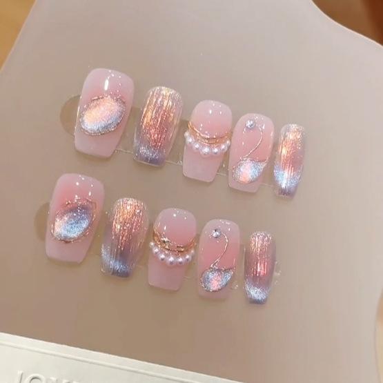 

Xiaohongshu Luxury Swan Lake Pink Shell Whitening Handmade Wearable Nails XS