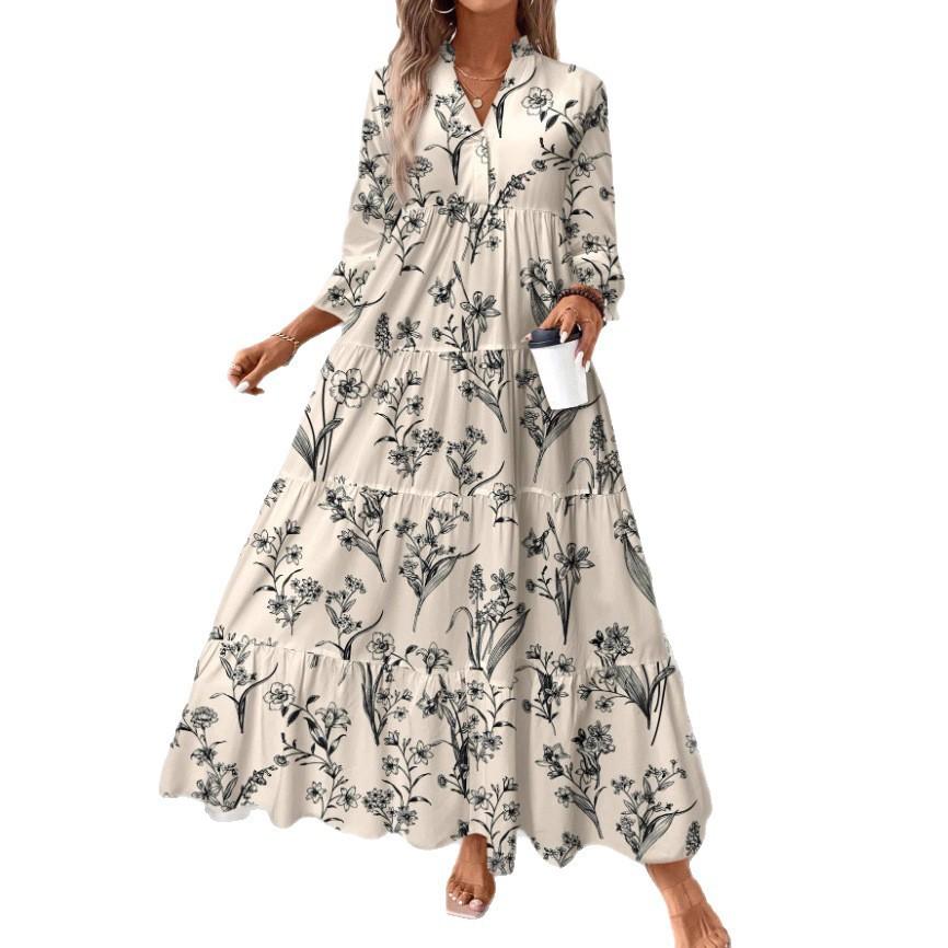Women Floral Print V Neck Long Sleeve Tiered Maxi Dress Multi Color Casual Loose Fit Dress