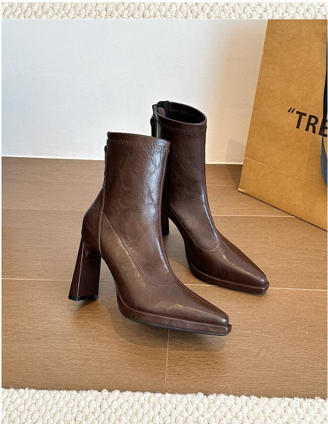Autumn and winter pointed soft leather thin boots high heel thin short boots women's side zipper black temperament boots