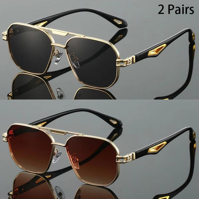 2 Pairs Vintage Square Sunglasses Men Gradient Multi-color Casual Shades Women Trendy Double Bridge Luxury Design Sun Glasses