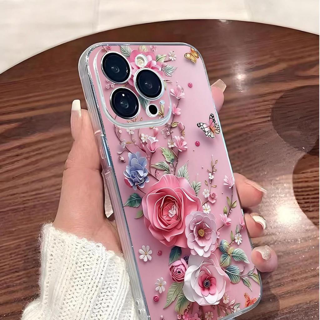 Pink Floral Shockproof Clear Case for iPhone 14/15/16/17 Pro Max