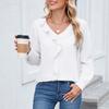 Women's Fashionable Casual  Long Sleeved V-neck Pleated Ruffle Edge Shirt Pullover Top